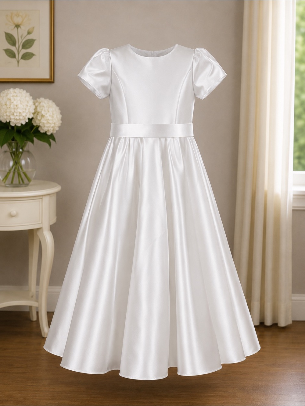 Classic White Satin Formal Dress for Girls
